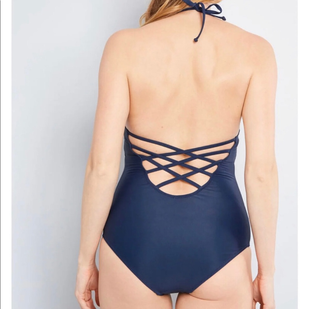 Brand New ModCloth Criss Cross Navy One Piece Swimsuit Size Small